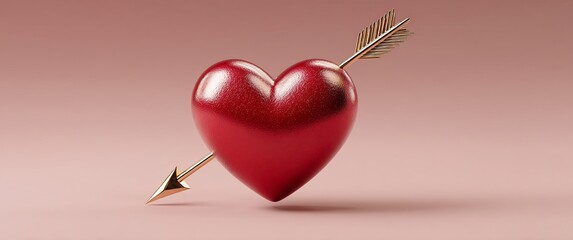 Red heart pierced by golden arrow; romantic
