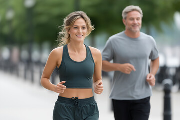 Fototapeta premium 16h Stock minimalist photography of a tanned blonde in a dark green sports outfit running in a park next to a man. Tall pine trees line the blurred background, filtered sunlight il