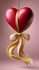 Fototapeta premium Red heart, tied with gold ribbon, hangs elegantly