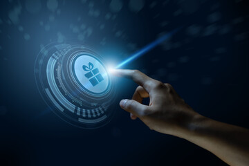 Index finger about to press the gift button, start icon, display screen, touch screen, Composite between an image and a 3D background, 3D background.	
