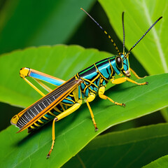 Macro photograph of a colorful eastern lubber grasshopper resting on green leaves in a natural environment