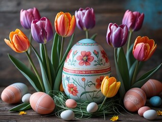 Easter Eggs and Tulips Springtime Still Life