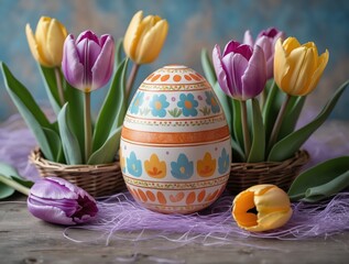 Colorful Easter Egg and Tulip Still Life