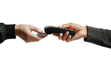Two hands engaging in an electronic payment with a contactless credit card and a POS machine