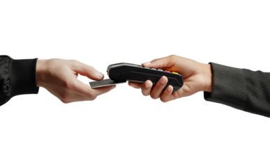 Two hands engaging in an electronic payment with a contactless credit card and a POS machine