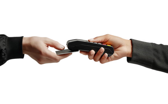 Two hands engaging in an electronic payment with a contactless credit card and a POS machine