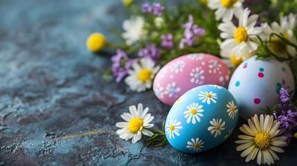Fototapeta premium easter card, easter bunny with eggs, easter eggs and flowers, easter eggs in a basket, easter eggs and flowers on a white background, easter wall paper and background for social media 