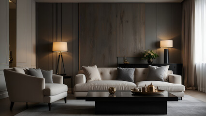 Modern minimalist living room with beige sofa armchair coffee table and wooden accents in warm natural light and contemporary home interior style