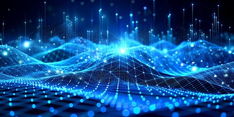 Abstract Digital Landscape with Blue Light Waves and Grid Pattern Background
