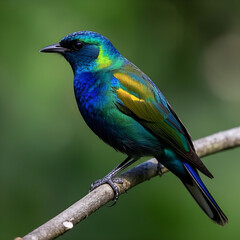 Fototapeta premium Vibrant Red and Blue Bird Perched on a Branch. A brightly colored bird with red and blue feathers sits elegantly on a branch, showcasing its vibrant plumage against a natural backdrop.