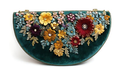 Close up of a green velvet clutch purse adorned with colorful floral embroidery on a white background