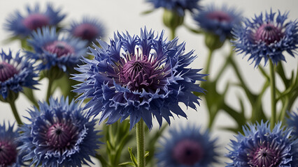 Close Up of Vibrant Blue Flower with Spiky Petals and Rich Purple Centers Against a Light Background Highlighting Their Delicate Details and Striking Colors