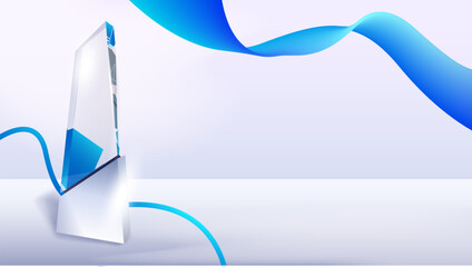 Modern glass trophy with dynamic blue ribbon on a white background, perfect for business success, award presentation, or futuristic branding visuals