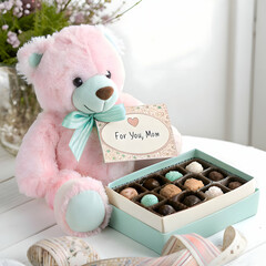 teddy bear sitting next to a gift bag with beautiful flowers for mother