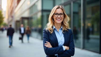 Fototapeta premium Confident Young Businesswoman in Urban Office District | Professional Corporate Portrait Outdoors