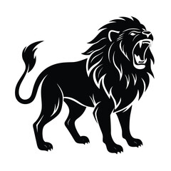 This black and white vector illustration depicts a wild animal lion head with a prominent mane, a strong design symbol of nature