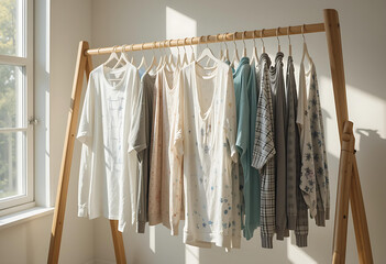 Minimalist Wooden Clothing Rack with Neutral-Toned Loungewear by a Bright Window