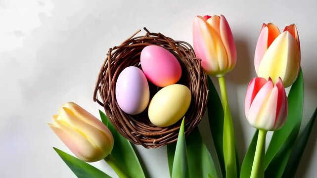 Flat lay of pastel colored easter eggs in rustic nest with soft tulip flowers arranged on white background with copyspace for seasonal ads banners invitations and floral holiday branding materials