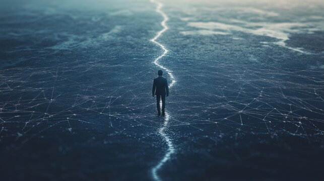 A businessman walks a path of interconnected data points in a digital landscape.