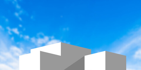 Obraz premium Minimal podium with clean design under blue sky, perfect for showcasing products or branding ads. Ideal for modern presentations, digital marketing, and commercial use.