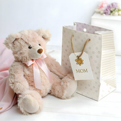 teddy bear sitting next to a gift bag with beautiful flowers for mother