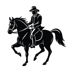 A black vector silhouette illustrates a rider on a horse, an equestrian sport animal
