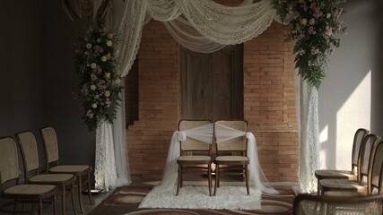 Romantic wedding ceremony setup with rustic wooden chairs, lace drapes, floral arrangements, and brick wall backdrop. Perfect for wedding invitations, blogs, or articles.