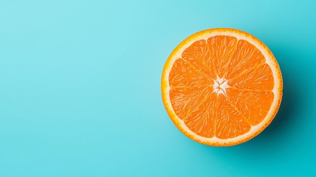 A juicy orange slice on a bright blue background perfect for summer themes healthy eating and vitamin C content