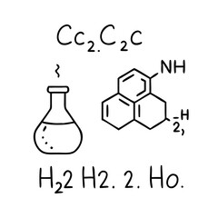 Handwritten Chemical Formula Illustration with Flask and Aromatic Ring Structure showing  organic chemistry experiment