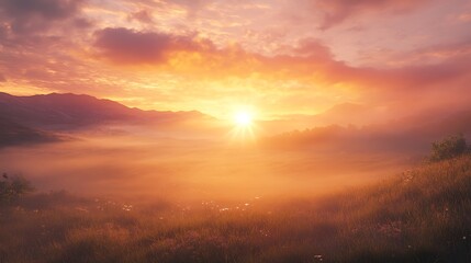 Fototapeta premium A golden sunrise over misty mountains with clouds and fog creating a serene and beautiful landscape