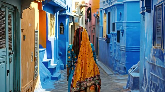 Female tourist explores vibrant blue streets of India during her cultural journey, Female tourist walks through the streets of an Indian city Rajasthan, Indian Jodhpur Also blue city
