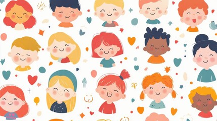 Colorful Cartoon Faces of Happy Children in a Cheerful Repeating Pattern Design