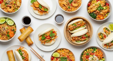 Assorted asian food including buns rice and spring rolls on a white surface.