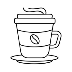A steaming cup of coffee in a disposable paper cup with a saucer a simple line drawing