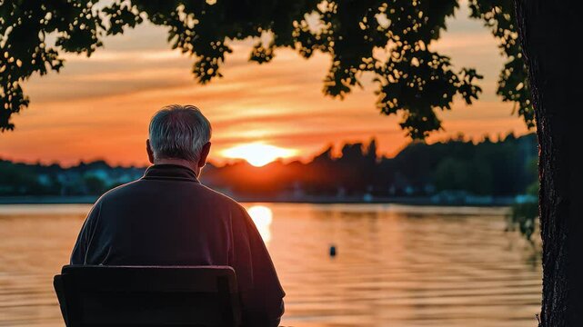 Elderly man enjoys a serene sunset by the water while reflecting on life&acirc;&euro;&trade;s moments, Elderly man watching sunset by water