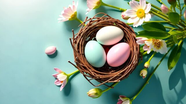 Pastel easter eggs in brown twig nest with daisies on light blue background with empty space for text concept of spring greeting banner