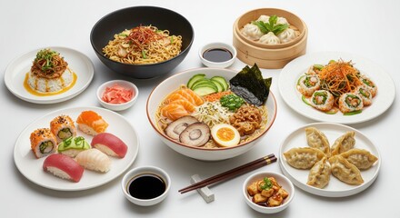 Various asian dishes including sushi ramen dumplings and noodles arranged on a table.