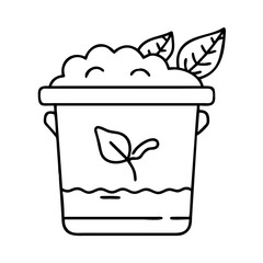 A bucket of soil with a sprout and leaves illustration simple line art drawing