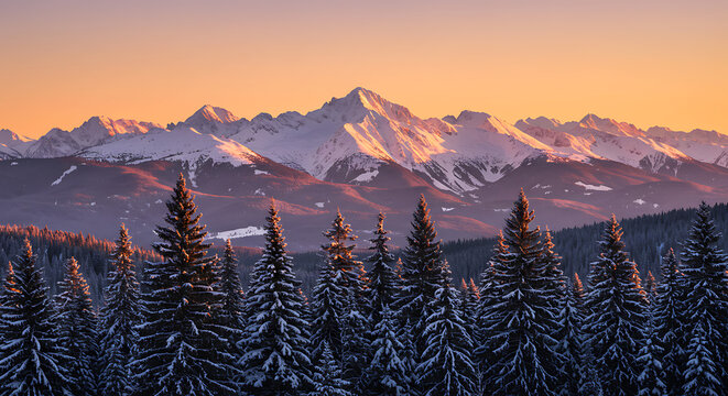 Serene Sunset: Snow-Covered Pines & Majestic Peaks AI Generated