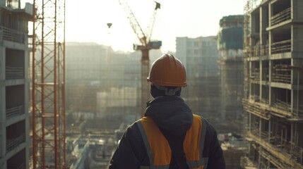 Construction worker operating a crane at a site. Featuring crane operation and building structures