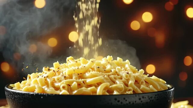 Creamy macaroni cheese served in a black bowl with a sprinkle of seasoning for a gourmet touch, Bowl filled with creamy macaroni cheese scattered noodles and radiant lighting
