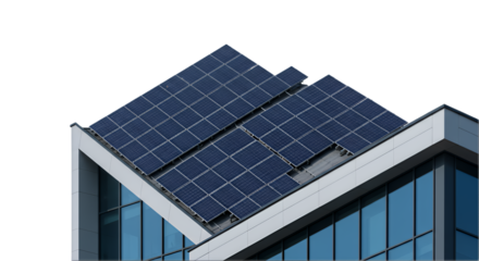 Modern Building Rooftop with Solar Panels, Transparent Background