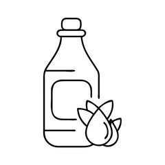 A bottle of natural essential oil with leaves depicting its origin