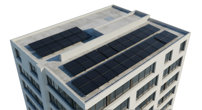 Modern Building with Solar Panels on Rooftop, Transparent Background