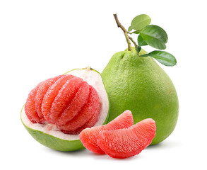 Red pomelo with cut in half isolated on white.