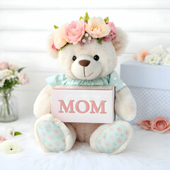 teddy bear sitting next to a gift bag with beautiful flowers for mother