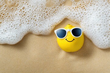 Naklejka premium Smiling lemon with sunglasses on the beach, enjoying sea foam.