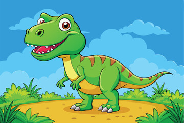 Tyrannosaurus Rex Standing in a Grassy Field under a Blue Sky