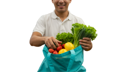 Smiling Man Holding a Teal Reusable Shopping Bag with Fresh Produce on Transparent Background