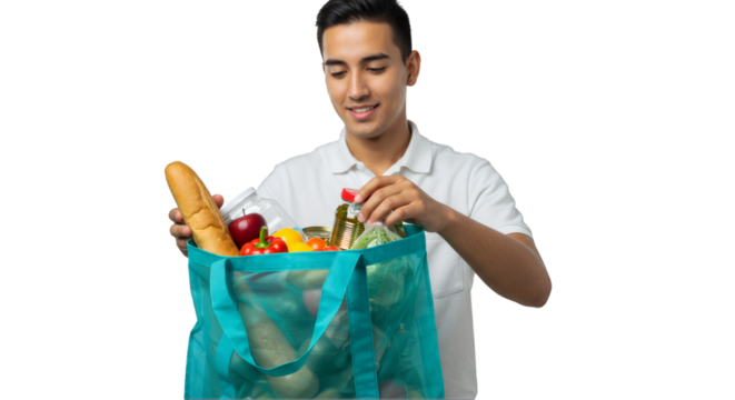 Smiling Man with Teal Reusable Grocery Bag on Transparent Background